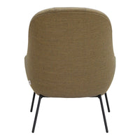 Olive green upholstered chair with a textured pattern and sleek black metal legs. Ideal for modern decor.