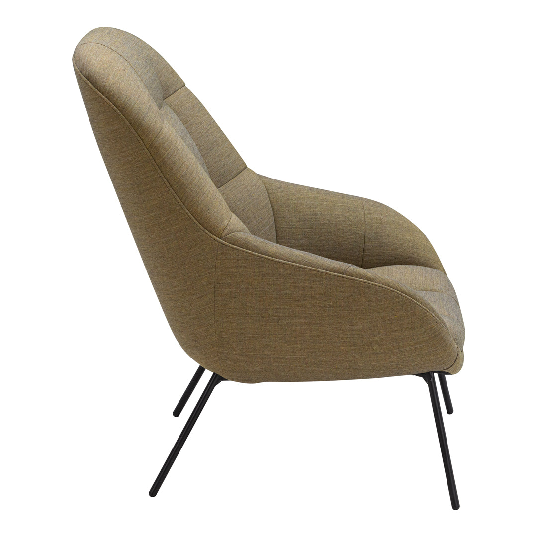 Brown upholstered chair with a sleek, minimalist design and subtle tufted pattern. Black metal legs support the structure.