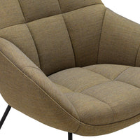 "Textured olive green chair with a modern design and subtle grid pattern on the fabric."