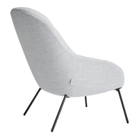 Light gray upholstered chair with a sleek design and black metal legs. Modern and minimalist look.