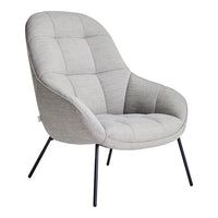 Light gray upholstered chair with a modern quilted pattern and sleek black metal legs.