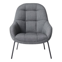 Contemporary gray upholstered chair with a tufted design and black metal legs, perfect for modern decor.