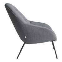 Gray upholstered chair with a sleek, modern design and subtle textured fabric, complemented by black metal legs.