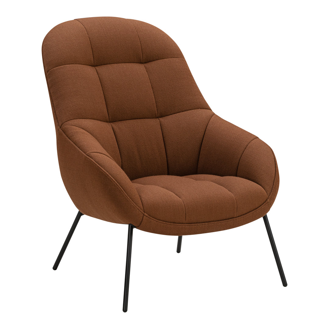 Brown upholstered armchair with a modern design and tufted pattern, featuring sleek black legs.