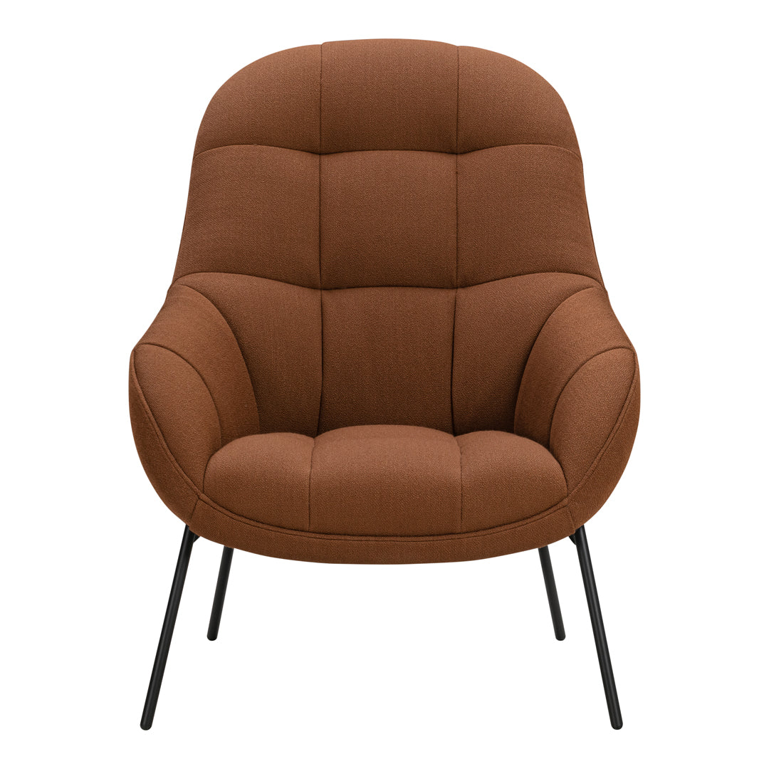 Brown upholstered armchair with a smooth, tufted design and sleek black legs, offering a modern and cozy aesthetic.