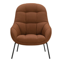 Brown upholstered armchair with a smooth, tufted design and sleek black legs, offering a modern and cozy aesthetic.