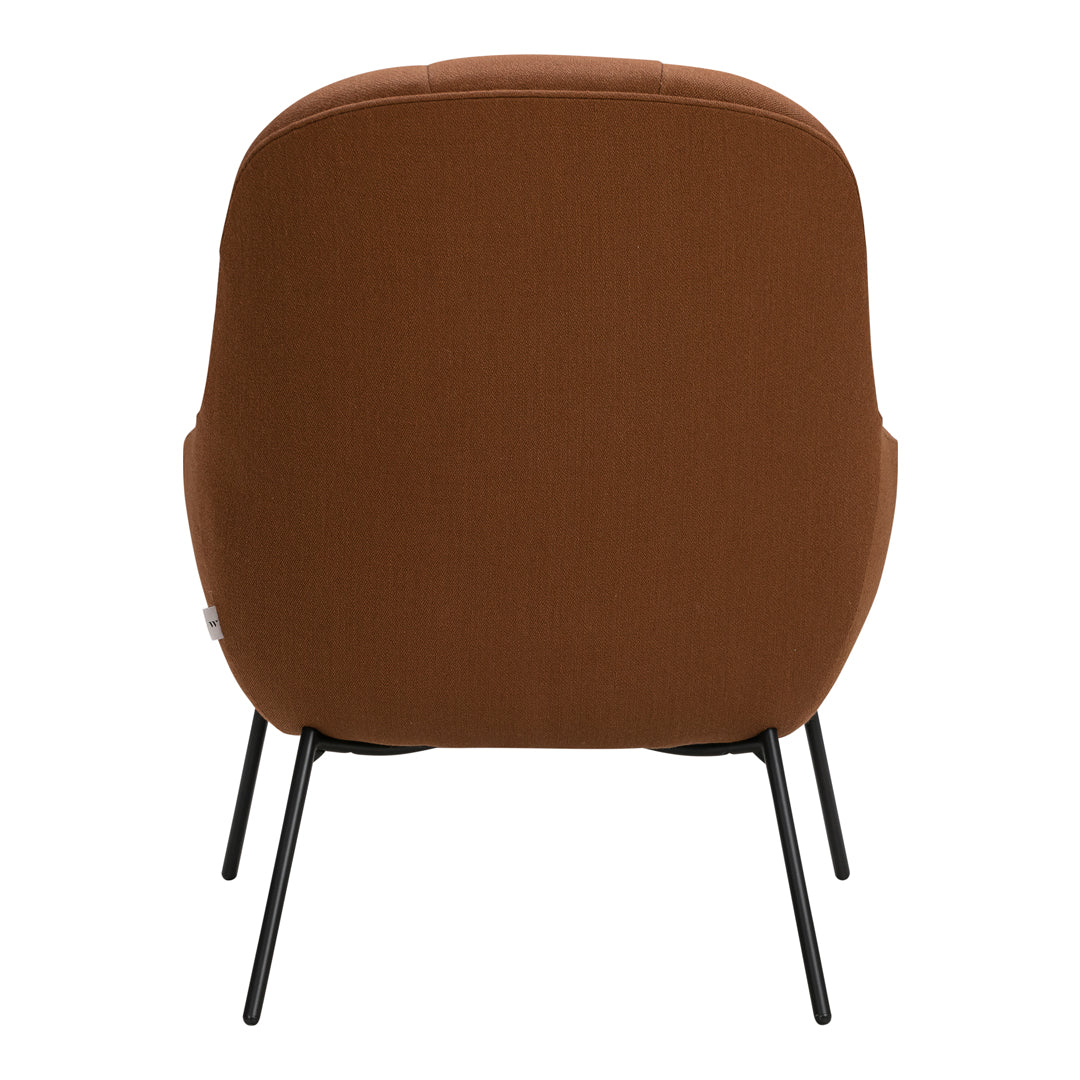 Back view of a modern chair in warm brown fabric with a smooth finish and sleek black metal legs.