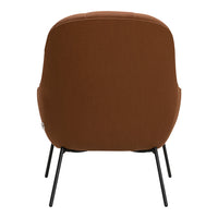 Back view of a modern chair in warm brown fabric with a smooth finish and sleek black metal legs.