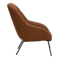 Modern brown fabric chair with a sleek black metal frame, featuring a smooth, contoured design.
