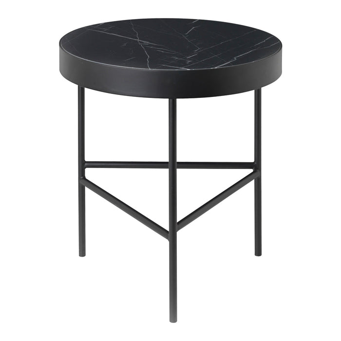 Black round side table with white marble pattern and sleek black metal legs. Perfect for modern decor.