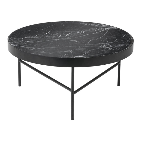 Round black marble coffee table with white veining and sleek black metal legs. Elegant and modern design.