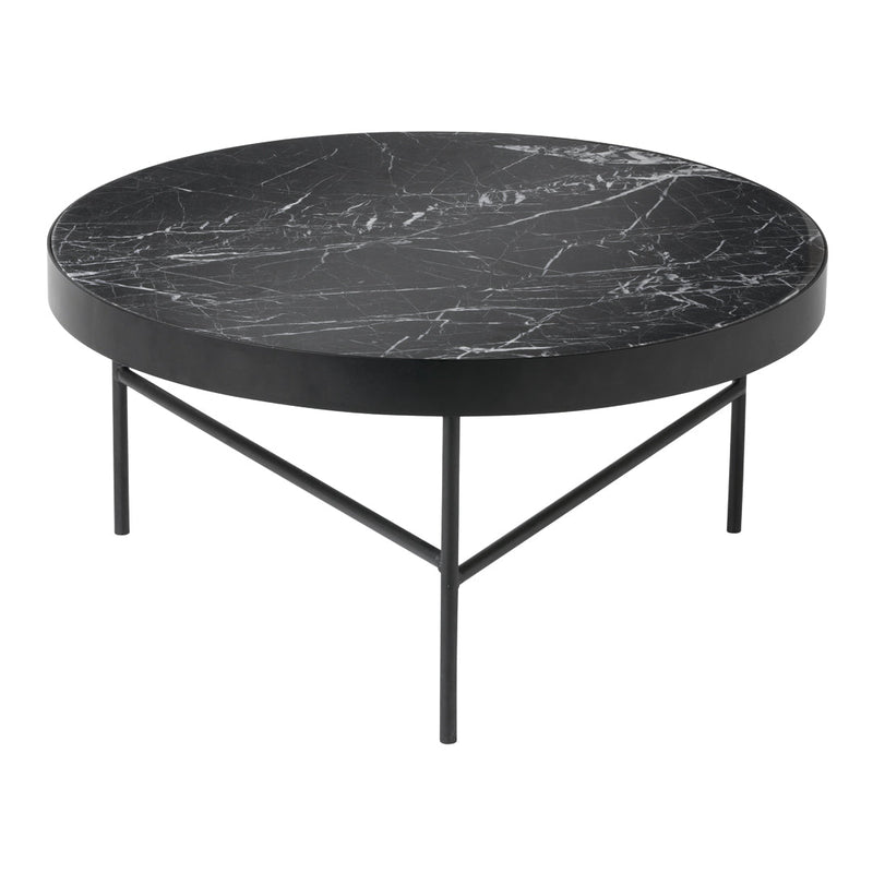 Round black marble coffee table with white veining and sleek black metal legs. Elegant and modern design.