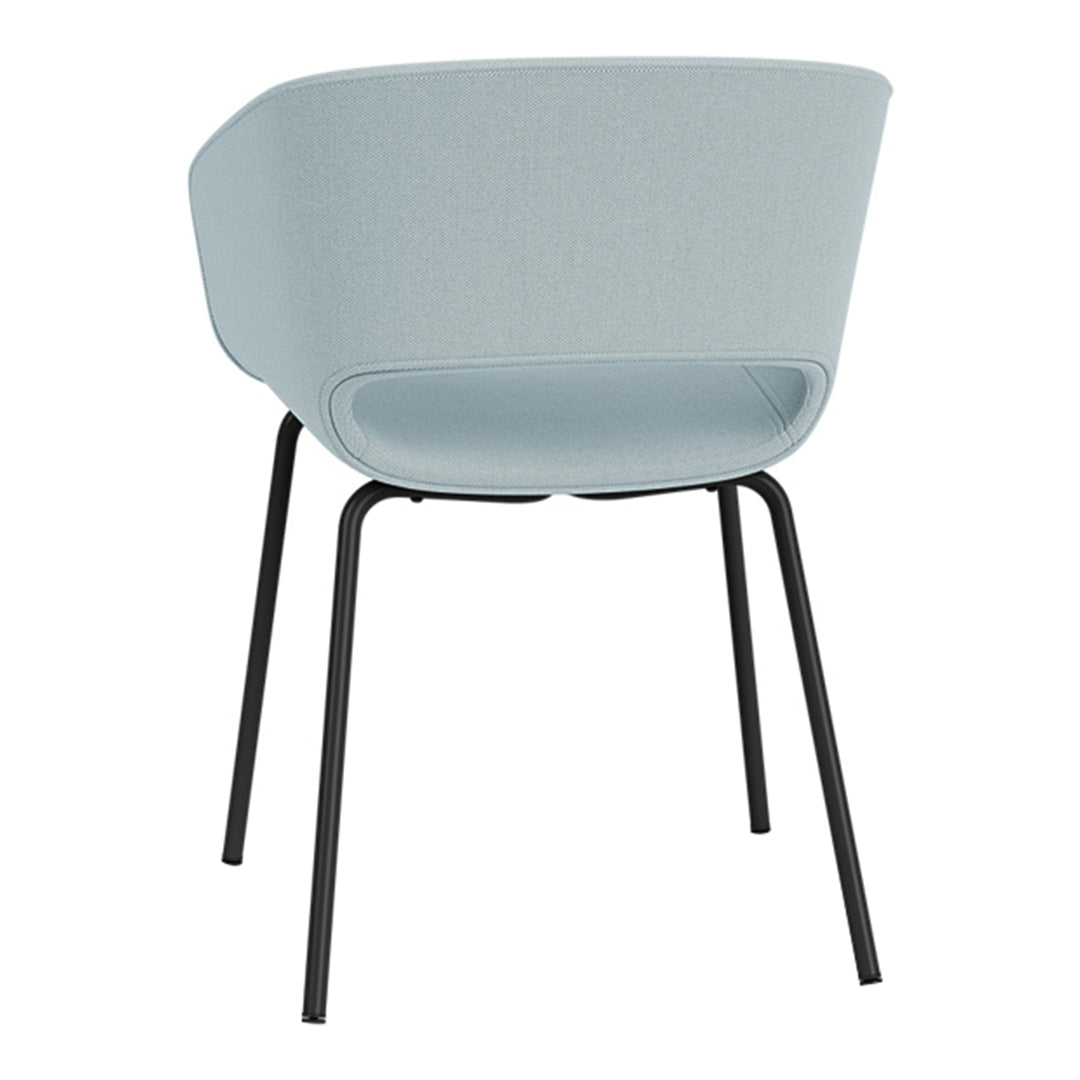 Light blue upholstered chair with a smooth finish and black metal legs, featuring a minimalist design.