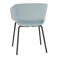 Light blue upholstered chair with a smooth finish and black metal legs, featuring a minimalist design.