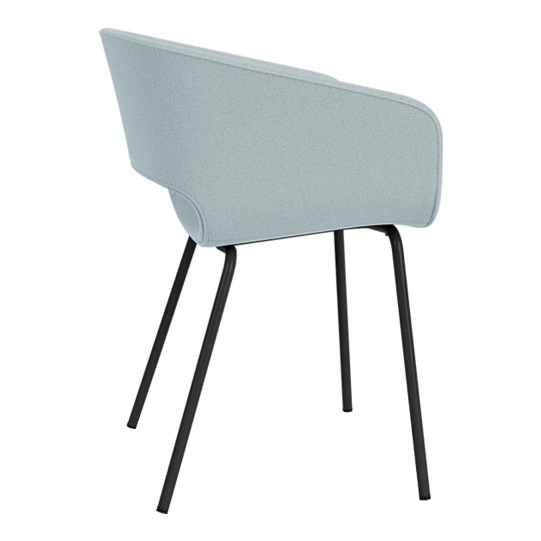 Light blue fabric chair with sleek black metal legs, featuring a smooth, modern design. Perfect for contemporary decor.