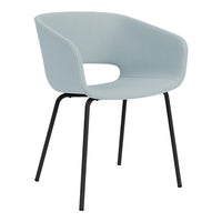 Light blue armchair with sleek, curved design and black metal legs, perfect for modern decor.