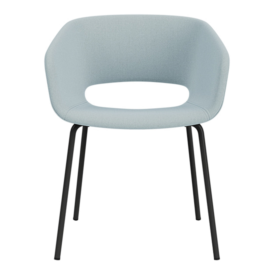 Soft blue upholstered chair with a rounded design and sleek black metal legs, featuring a minimalist feel.