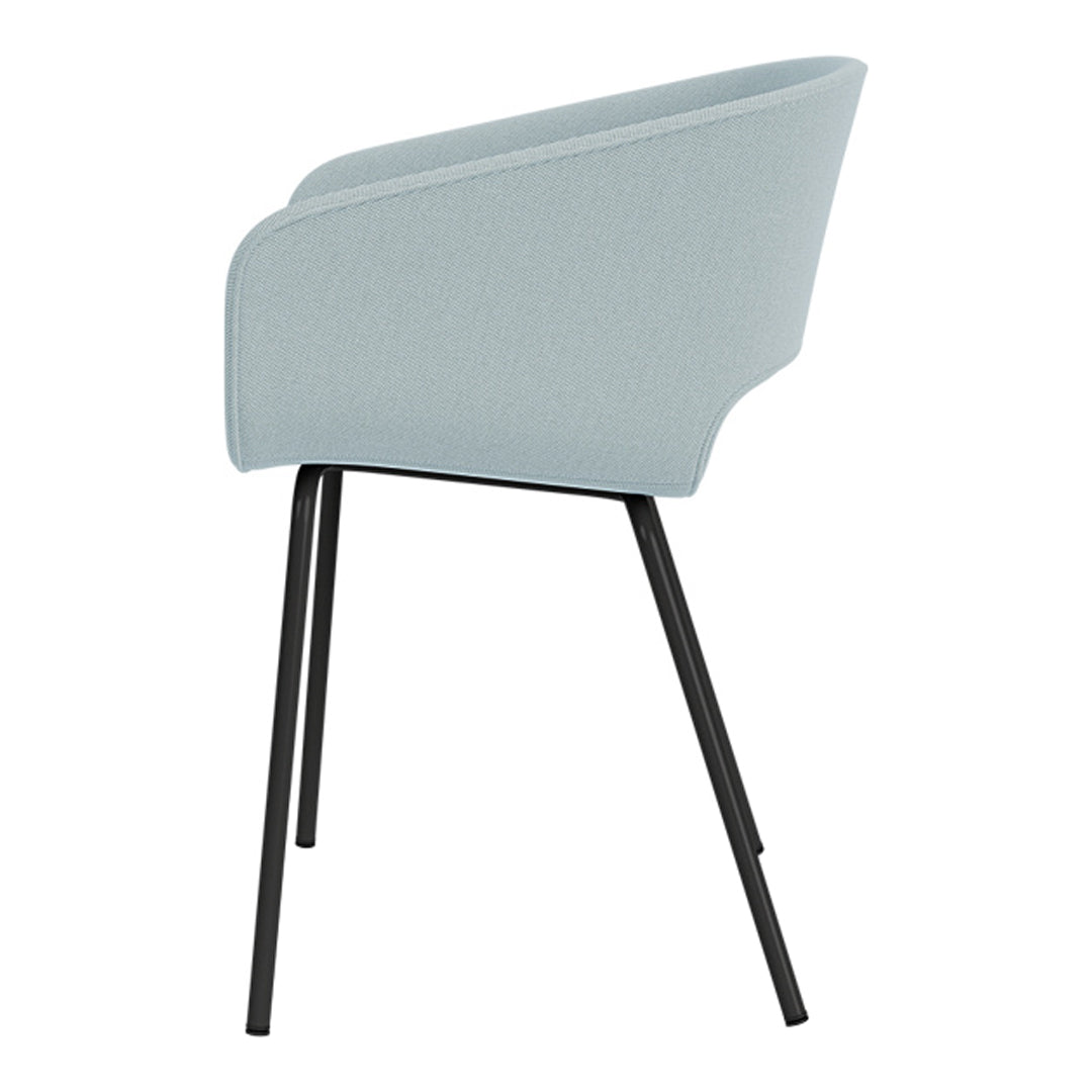Light blue upholstered chair with a sleek black metal frame. Modern design with a smooth, solid color.