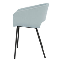 Light blue upholstered chair with a sleek black metal frame. Modern design with a smooth, solid color.