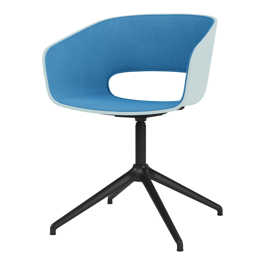 Blue and light blue upholstered chair with black metal legs and a modern, minimalist design.