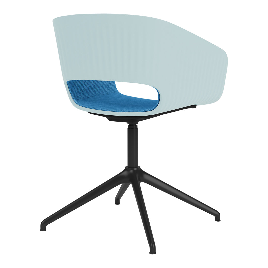 Light blue chair with ribbed texture and bold blue accent, featuring a sleek black base. Perfect for modern decor.
