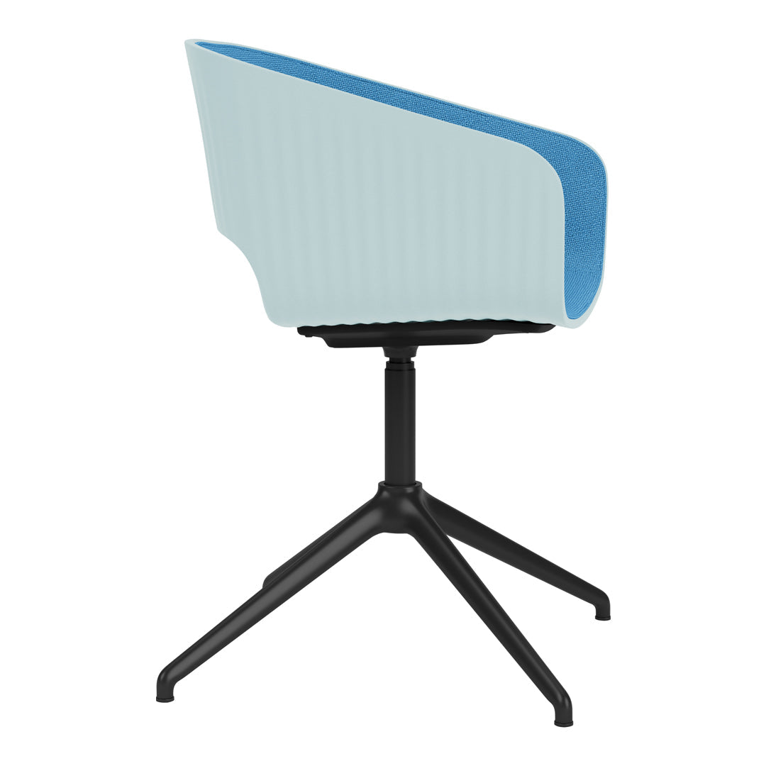 Stylish chair featuring a light blue ribbed seat with a contrasting dark blue back, set on a sleek black base.