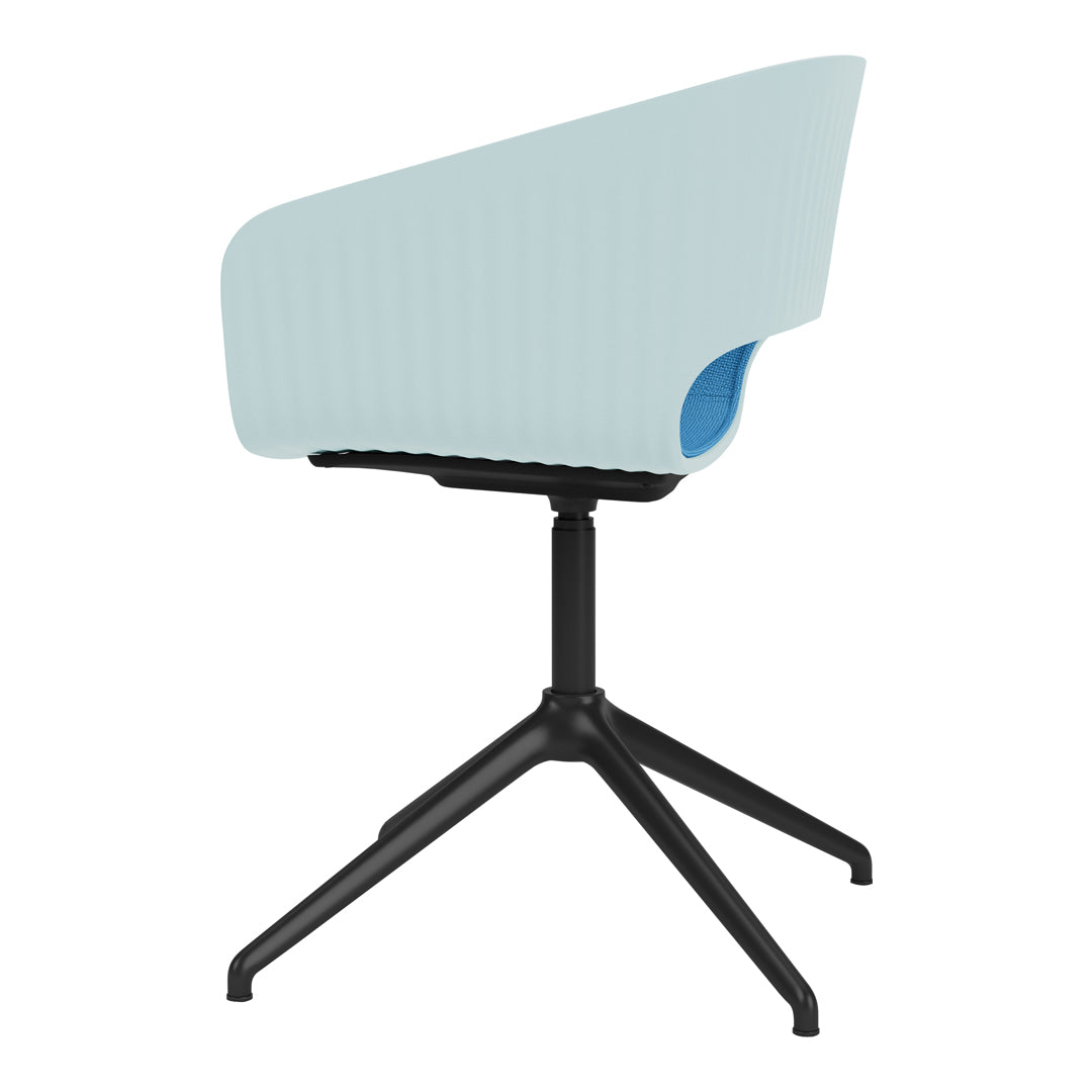 Light blue chair with ribbed pattern, complemented by a bold blue interior and a sleek black base.