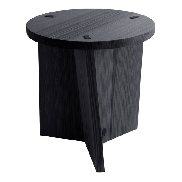 Black wooden side table with a sleek, modern design featuring subtle grain patterns and a round top.
