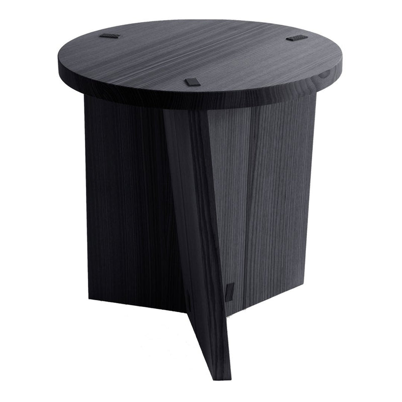 Black wooden side table with a sleek, modern design featuring subtle grain patterns and a round top.