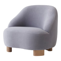 Soft gray upholstered chair with smooth, rounded edges and natural wooden legs, perfect for modern decor.