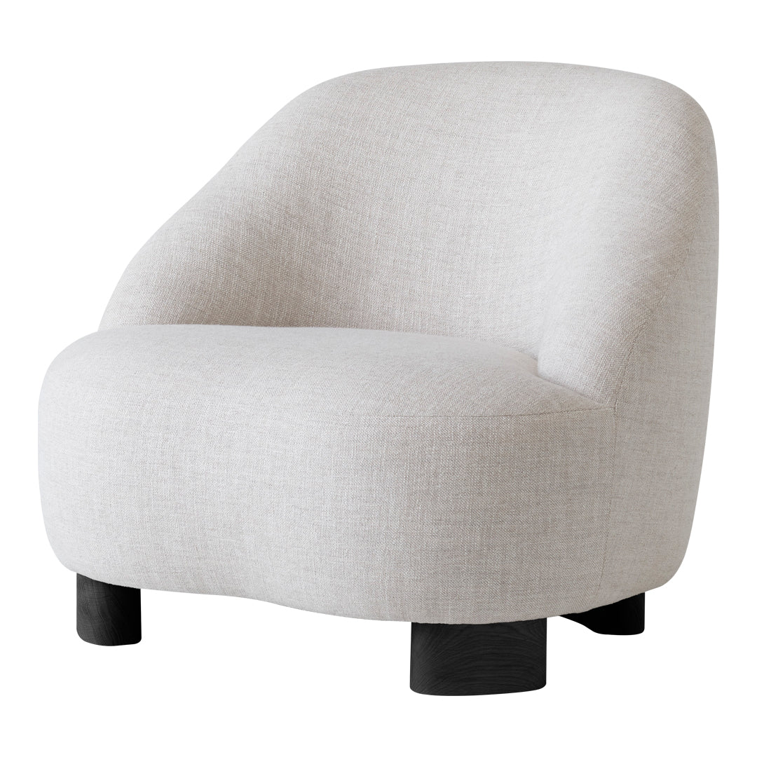 Curved light gray chair with a smooth fabric texture and black wooden legs, perfect for modern decor.