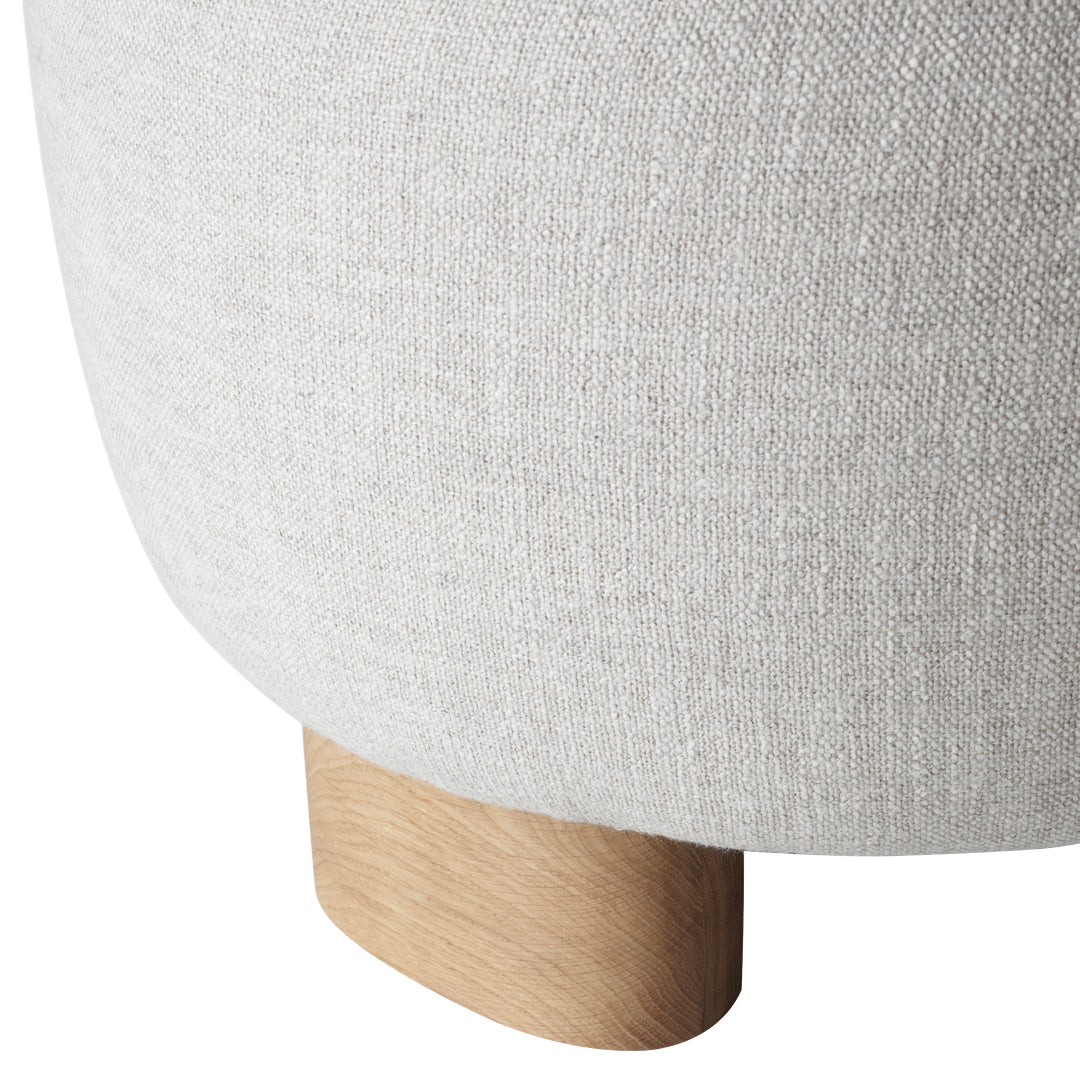 Light gray fabric ottoman with a textured finish and a natural wood leg. Ideal for modern home decor.