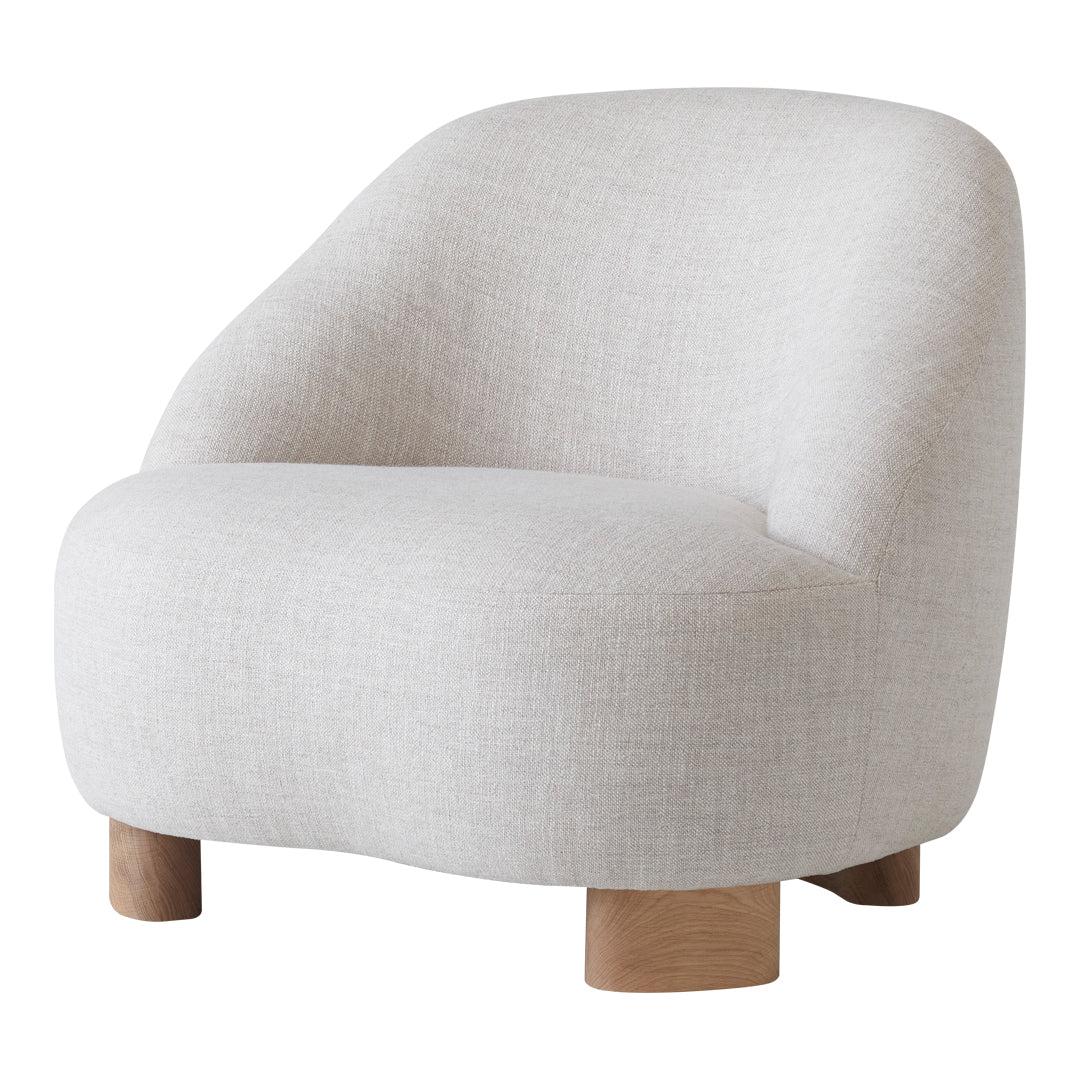 Light gray upholstered chair with smooth, curved lines and wooden legs, showcasing a simple, modern design.
