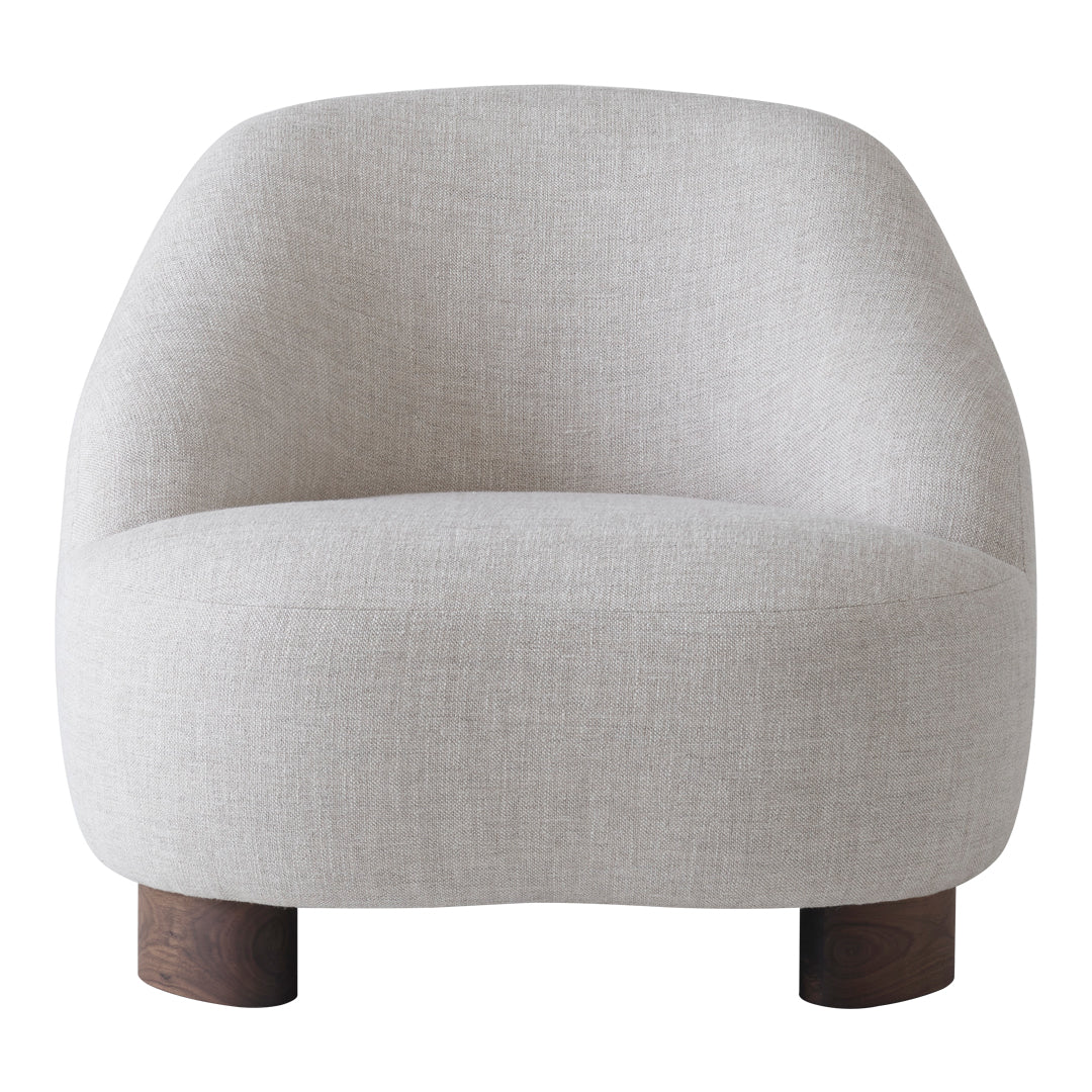 Light gray upholstered chair with smooth curves and wooden legs. Ideal for modern and minimalist decor.