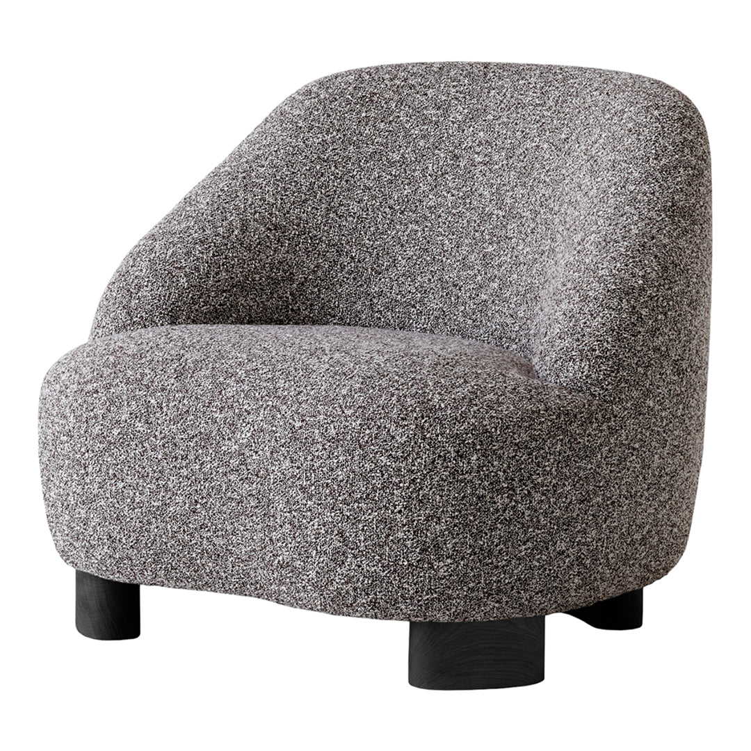 Gray textured chair with soft curves and black wooden legs, featuring a cozy, minimalist design.