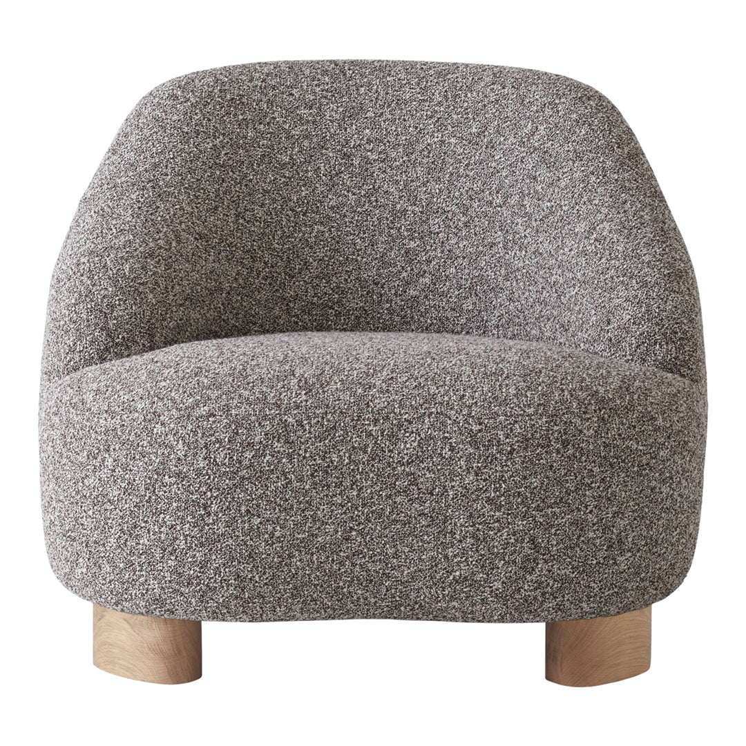 Cozy, round armchair featuring a textured gray upholstery and natural wood legs for a modern, minimalist look.