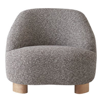 Cozy, round armchair featuring a textured gray upholstery and natural wood legs for a modern, minimalist look.