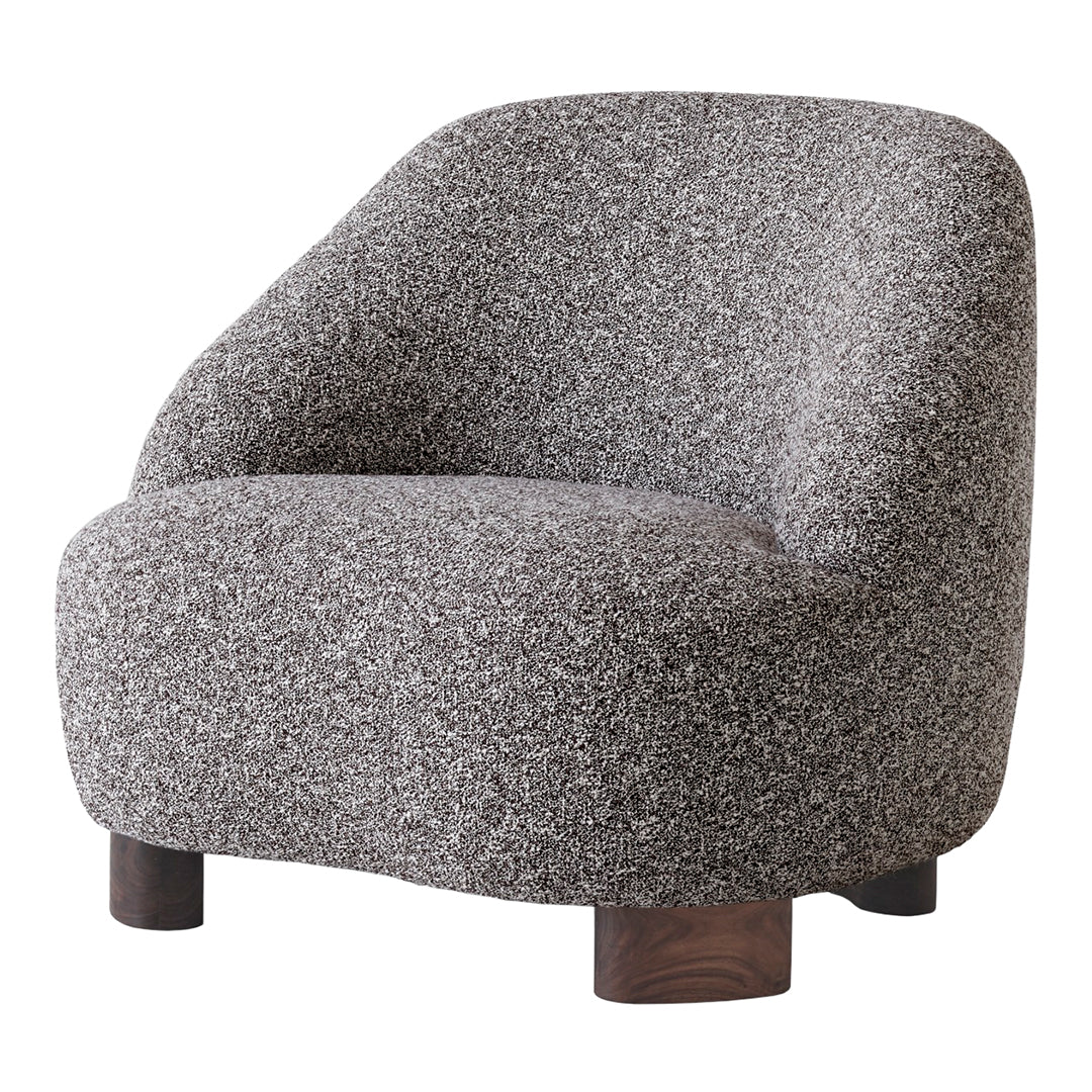 Cozy gray upholstered armchair with a textured pattern and dark wood legs, perfect for modern living spaces.