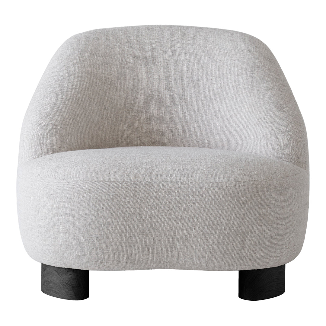 Light gray upholstered chair with soft, rounded edges and black wooden legs. Minimalist design with a modern aesthetic.