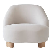 Soft, light beige upholstered chair with smooth curves and natural wood legs, perfect for modern interiors.