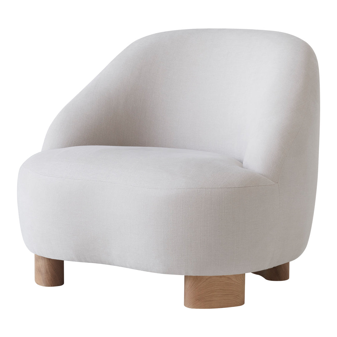 Soft white fabric chair with smooth contours and natural wood legs, perfect for modern decor.