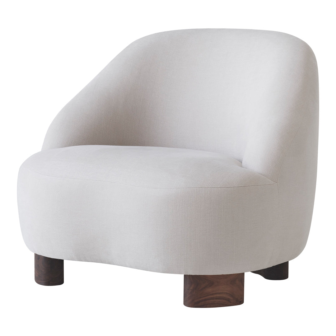 Light gray upholstered chair with rounded shape and wooden legs, offering a minimalist and modern design.