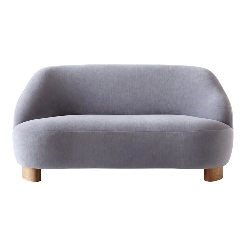 Gray modern sofa with smooth curves and wooden legs. Soft upholstery for a contemporary look.