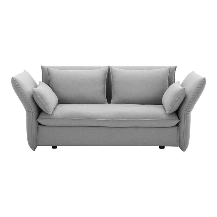 Gray modern sofa with smooth fabric, featuring a minimalist design and ample cushions for comfort.