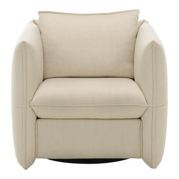 Beige armchair with a smooth, minimalist design and subtle texture, perfect for modern interiors.