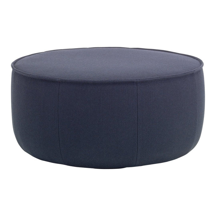 Navy blue round pouf with a smooth fabric texture and minimalistic design, perfect for versatile home decor.
