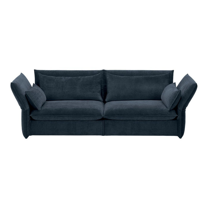 Dark blue, plush fabric sofa with smooth texture and curved armrests, perfect for modern living spaces.