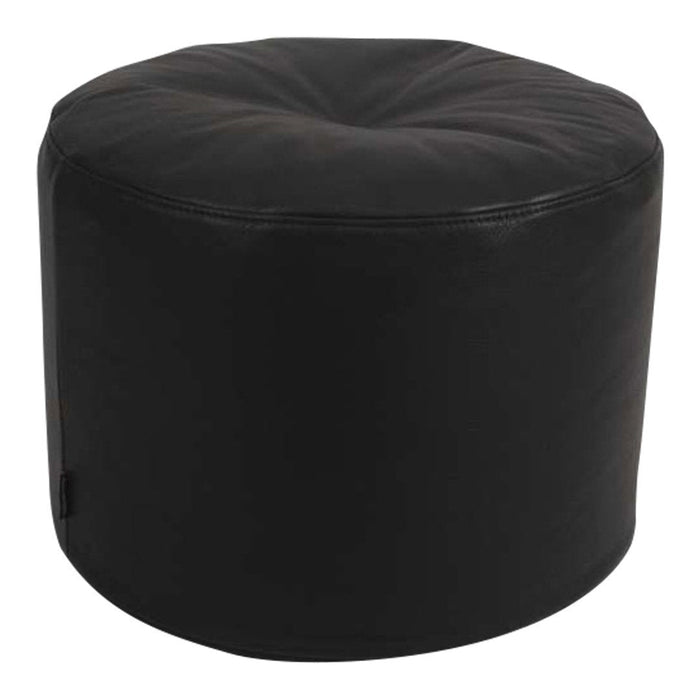 "Round black leather pouf with a smooth, stitched surface and rounded top, perfect for modern decor."
