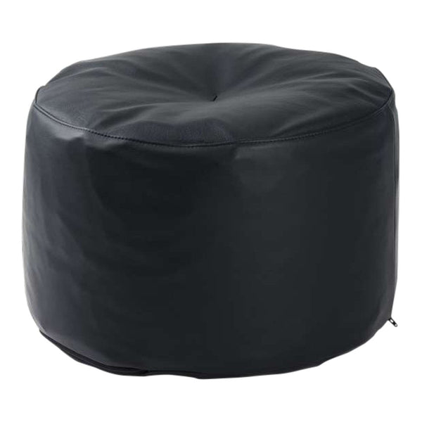 Black circular pouf with a smooth leather-like texture and subtle tufted top design. Perfect for modern decor.
