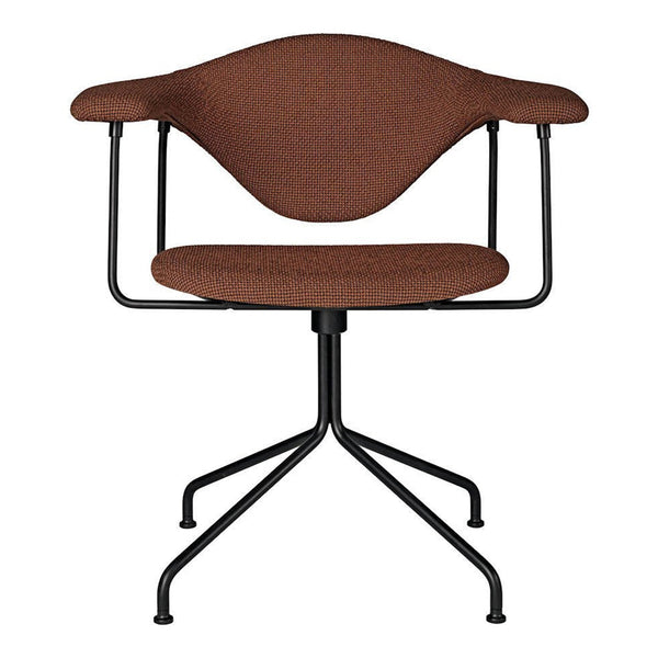 Brown textured fabric chair with an elegant design, featuring a sleek black metal base and arms. Perfect for modern spaces.